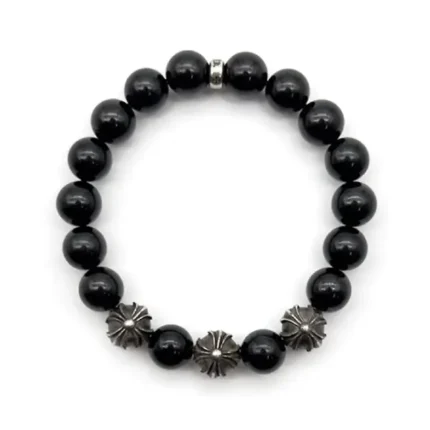 Chrome Hearts 10mm Black Obsidian 4 Silver Beaded Bracelet