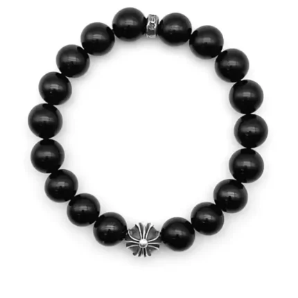 Chrome Hearts 10mm Obsidian Silver Cross Beaded Bracelet
