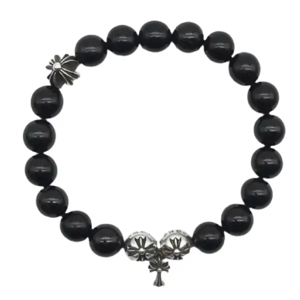 Chrome Hearts 10mm Obsidian Silver Cross Bracelet - Chrome Hearts CA