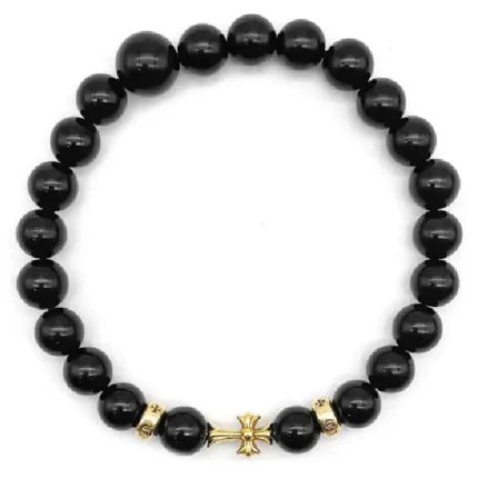 Chrome Hearts 22K Gold Cross Obsidian Beaded Bracelet