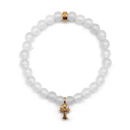 Chrome Hearts 4mm White 22K Gold Cross Charm Pendant Beaded Bracelet