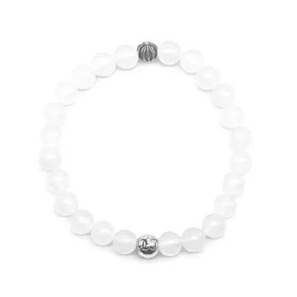 Chrome Hearts 6mm Beaded White Agate 2 Silver Bracelet
