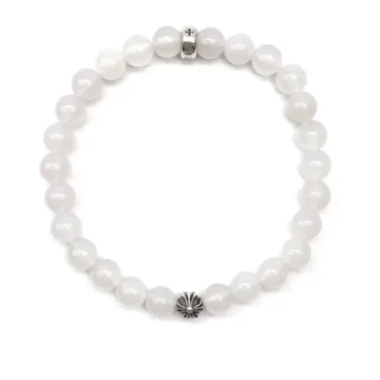 Chrome Hearts 6mm Beaded White Agate 2 Silver Cross Bracelet