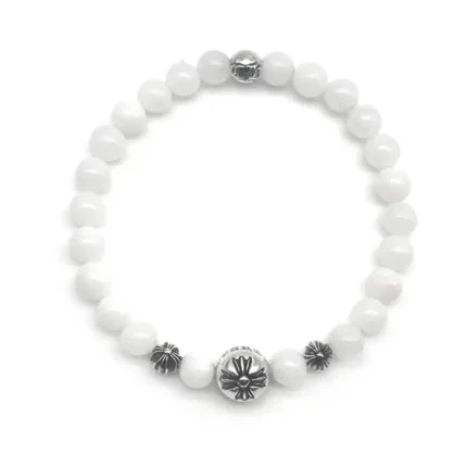 Chrome Hearts 6mm Beaded White Agate 4 Silver Cross Bracelet