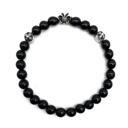 Chrome Hearts 6mm Black 3 Silver Fleur Beaded Cross Bracelet