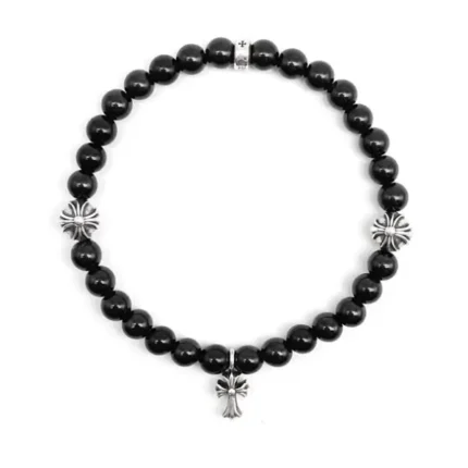 Chrome Hearts 6mm Black 4 Silver Beaded Cross Bracelet