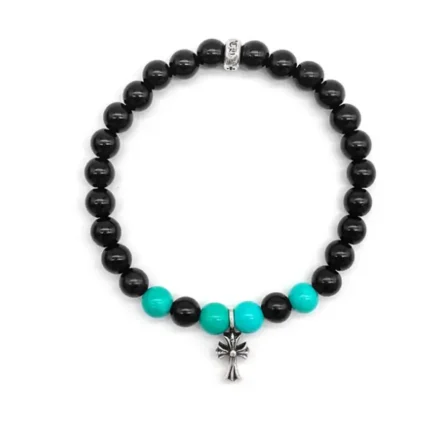 Chrome Hearts 6mm Black And Green Bead Cross Bracelet