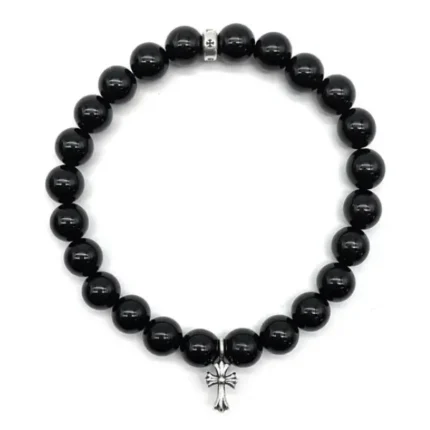 Chrome Hearts 6mm Black Beaded Obsidian Silver Cross Bracelet