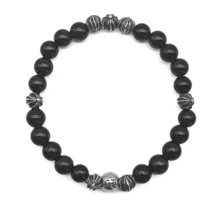 Chrome Hearts 6mm Obsidian Eight Silver Beads Cross Bracelet