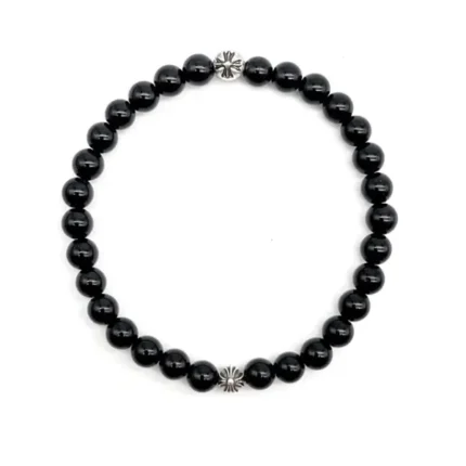 Chrome Hearts 6mm Obsidian Silver Cross Ball Beaded Bracelet