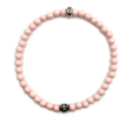 Chrome Hearts 6mm Pink Beaded 2 Silver Cross Ball Bracelet
