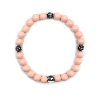 Chrome Hearts 6mm Pink Beaded Silver Cross Ball Bracelet