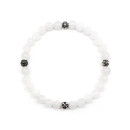 Chrome Hearts 6mm White Beaded 4 Silver Cross Ball Bracelet