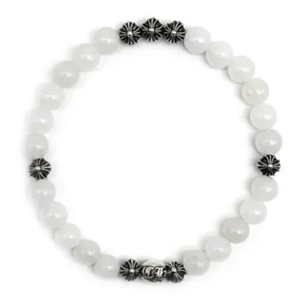 Chrome Hearts 6mm White Beaded 8 Silver Cross Ball Bracelet