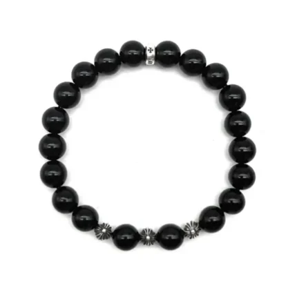Chrome Hearts 8mm Obsidian 4 Silver Cross Bracelet