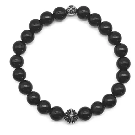 Chrome Hearts 8mm Obsidian Double Silver Cross Bracelet