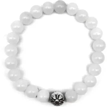 Chrome Hearts 8mm Single Silver White Agate Cross Bracelet