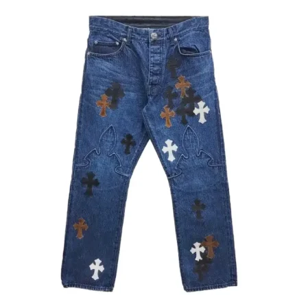 Chrome Hearts Black & White & Brown Patch Flame Knee Jeans