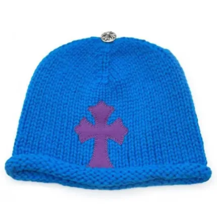 Chrome Hearts Cashmere Purple Cross Leather Patch Blue Beanie
