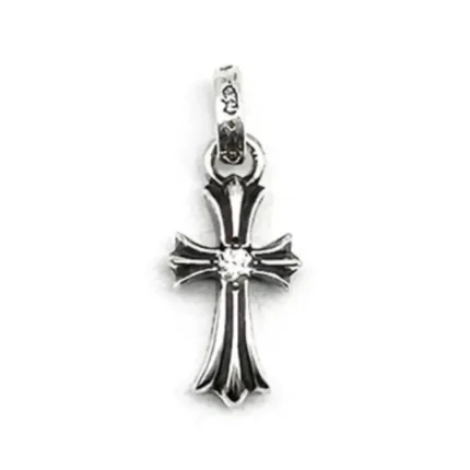 Chrome Hearts Silver Baby Fat Cross Pendant with Single Diamond