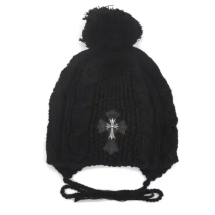 Chrome Hearts Silver Cross Leather Patch Cashmere Beanie