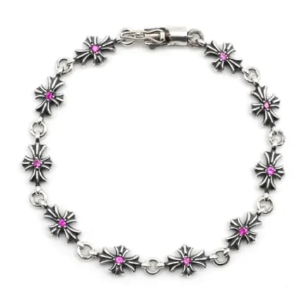 Chrome Hearts Tiny E Silver Pink Diamonds Cross Bracelet